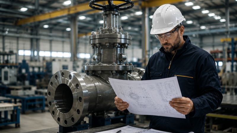 Inspecteur relevant un plan devant un corps de vanne en atelier