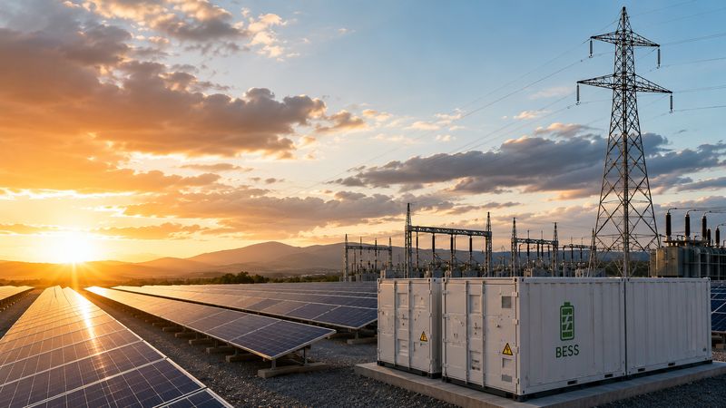 Champ photovoltaïque, conteneurs de stockage et poste électrique en fin de journée